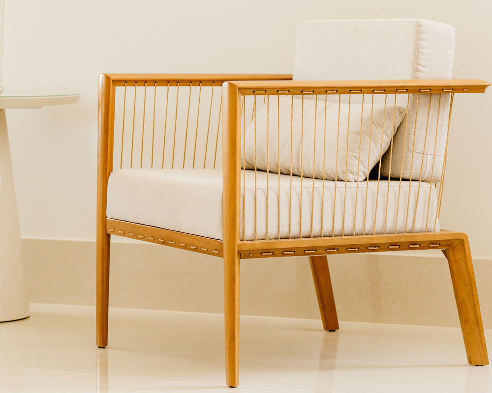 Wide Linen Armchair With Solid Wood Foot